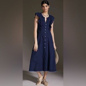 Anthropologie Pilcro Preppy Blue Denim Ruffle Sleeve Midi Dress